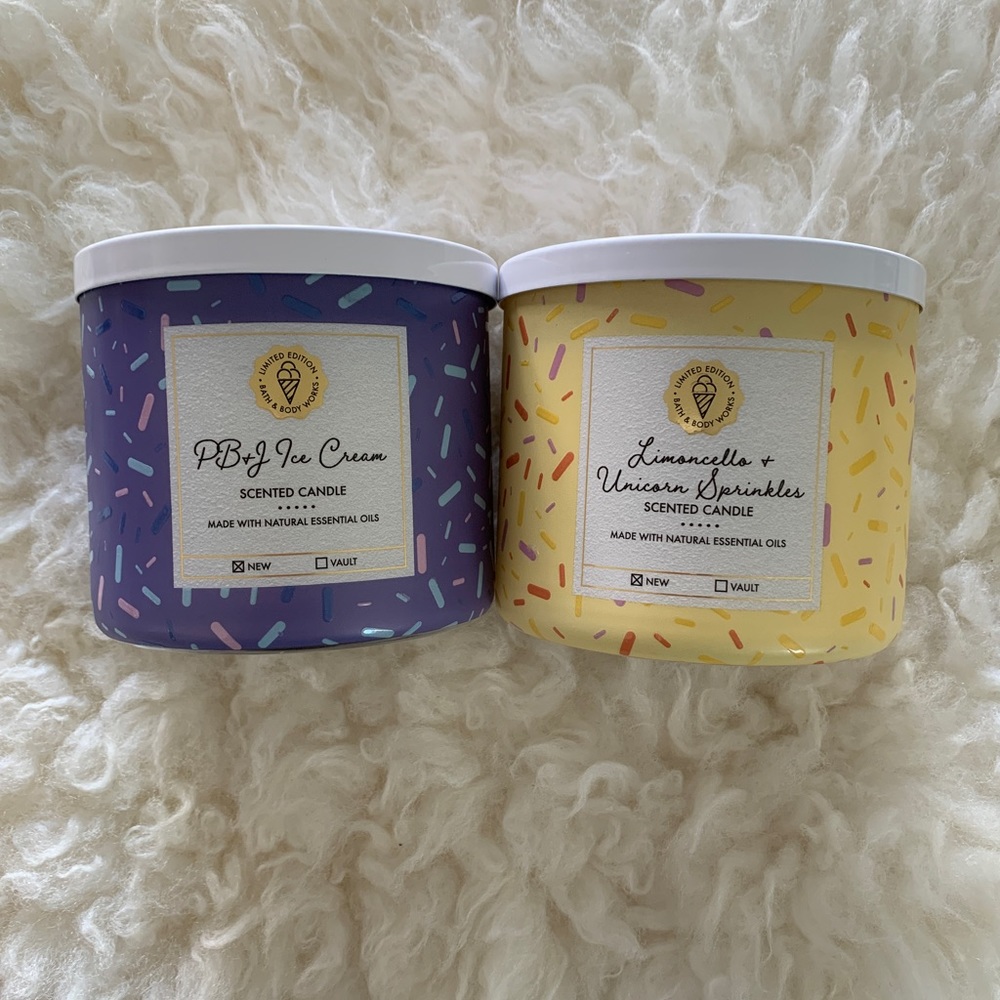 New BBW Pb & J Ice Cream & Limoncello Unicorn Sprinkles 3-Wicked Candles RARE